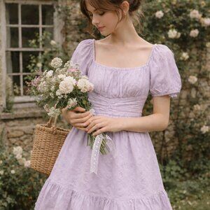 S Cotton Dress Lavender Whimsical Feminine Coquette Boho Cottagecore Puff Sleeve